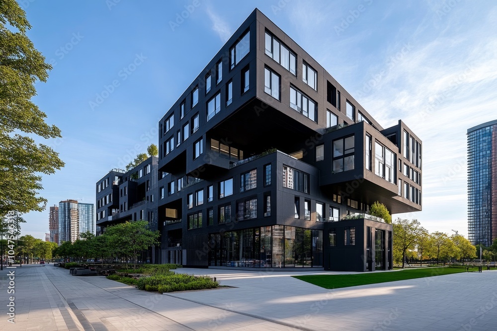 Poster Geometric design of a modern apartment building, with clean, sharp lines representing the simplicity of contemporary architecture, symbolizing the balance of form and function