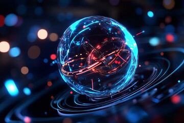 A glowing blue sphere with red rings inside, surrounded by light trails.