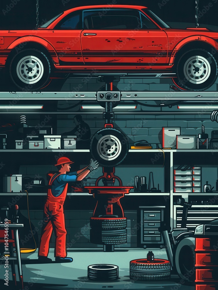 Poster A mechanic works diligently under a car raised on a hoist in a busy garage, surrounded by various tools and parts. Generative AI
