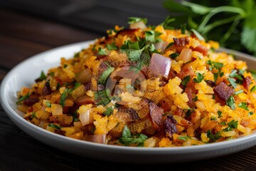 A plate of farofa, toasted cassava flour mixed with bacon, onions, and herbs, served as a side dish.