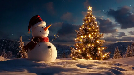 Obraz premium Snowman in a red hat admires a lit Christmas tree in the snowy forest..