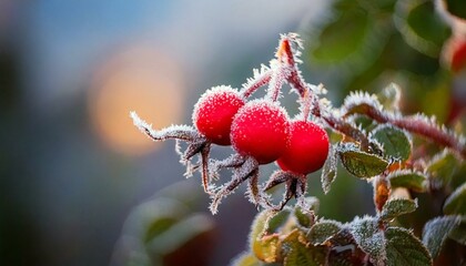 Obraz premium Red rose hips covered in frost in the garden.