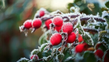 Red rose hips covered in frost in the garden.