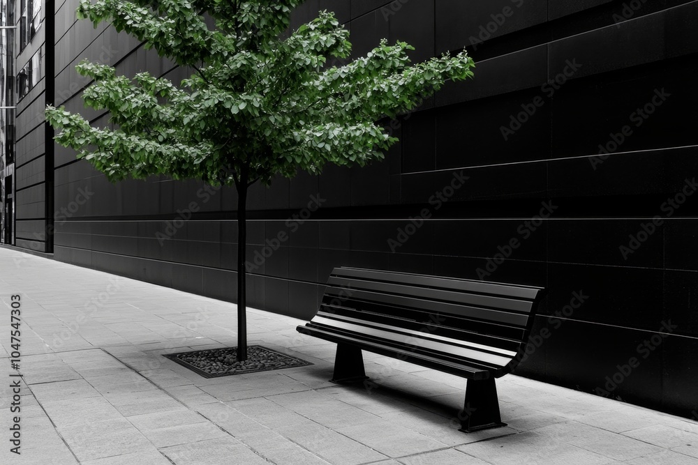 Poster Minimalist depiction of a park bench under a tree in a quiet neighborhood, with clean, open spaces and simple forms, symbolizing serenity and space in urban design