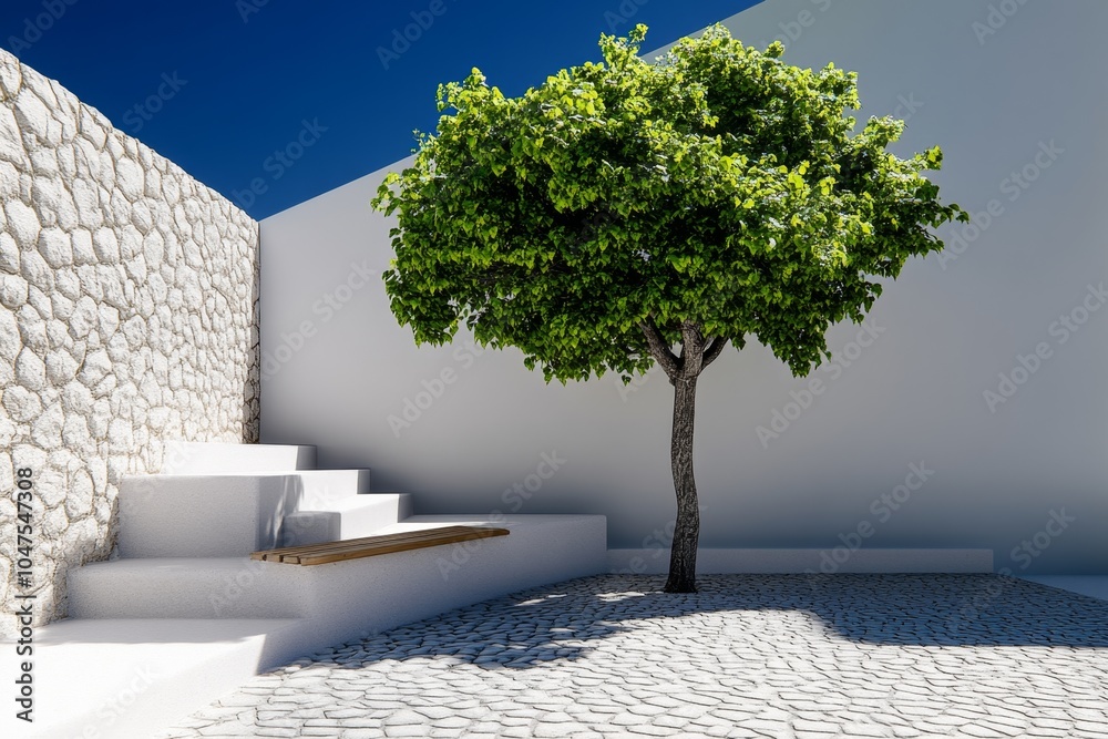 Poster Minimalist depiction of a park bench under a tree in a quiet neighborhood, with clean, open spaces and simple forms, symbolizing serenity and space in urban design