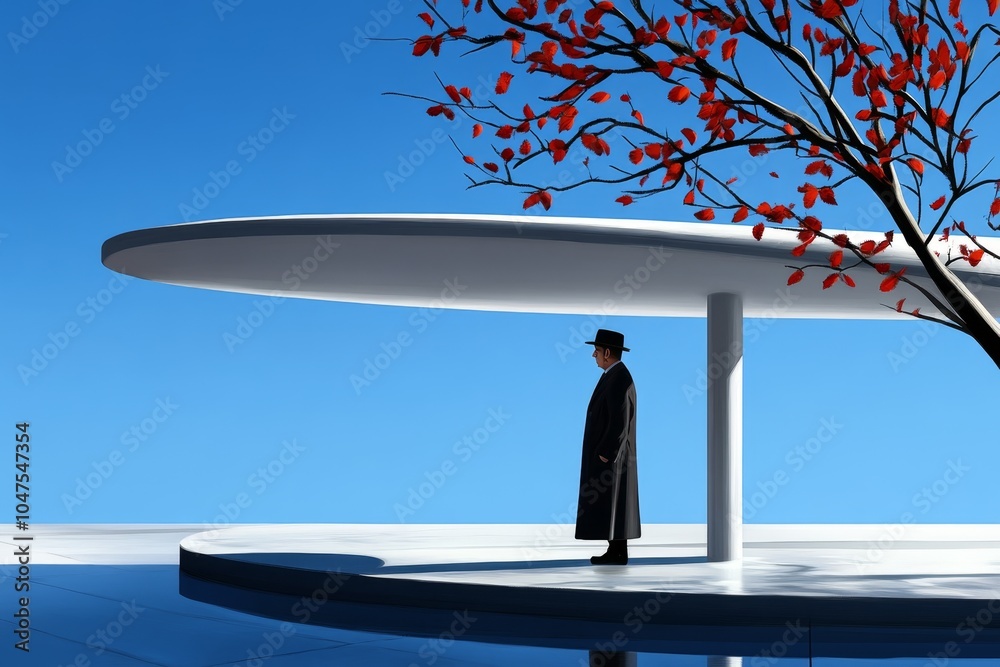 Poster Minimalist depiction of a person standing at a bus stop, with clean lines representing the simplicity of public commuting, symbolizing patience and routine, showcasing calm and structure