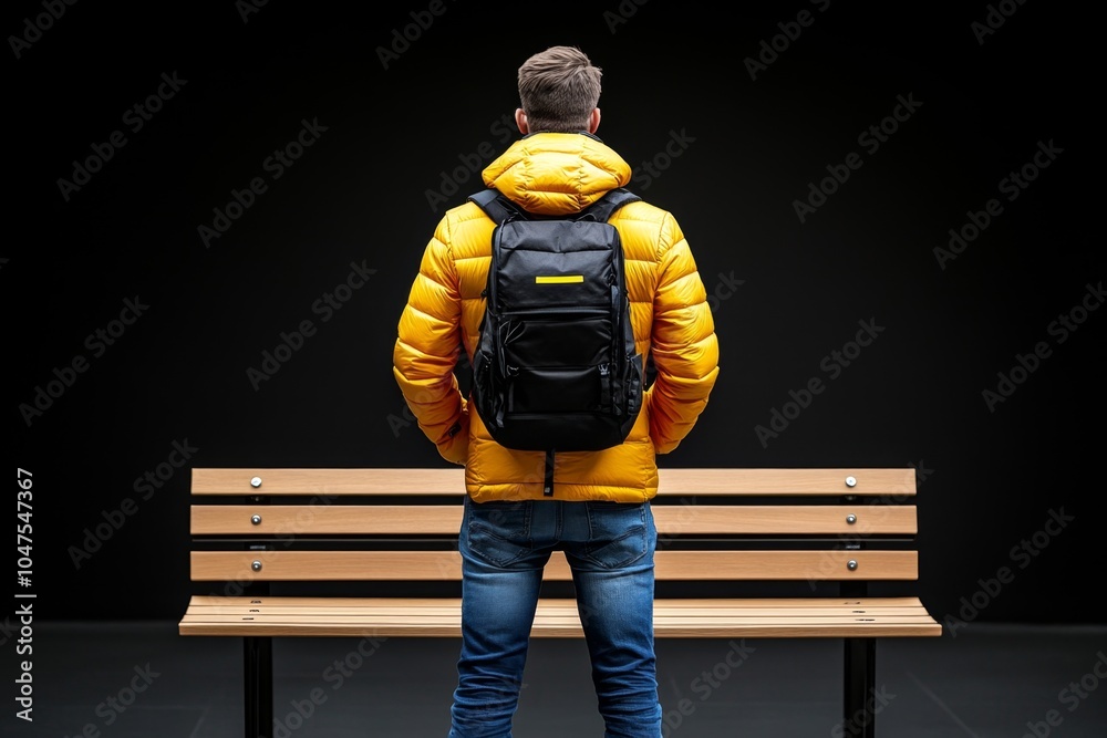 Poster Minimalist depiction of a person standing at a bus stop, with clean lines representing the simplicity of public commuting, symbolizing patience and routine, showcasing calm and structure