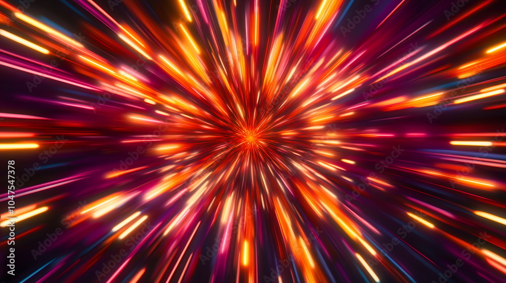 Fototapete Colorful neon explosion. Radiating rays of orange and red from a central point. Abstract shapes resembling fireworks. Horizontal element for festive party, seminar talks, social media post