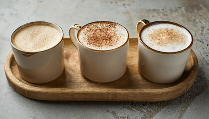 Obraz premium Tasty cappuccino in ceramic cups on rustic wooden tray. Delicious beverage. Hot drink.