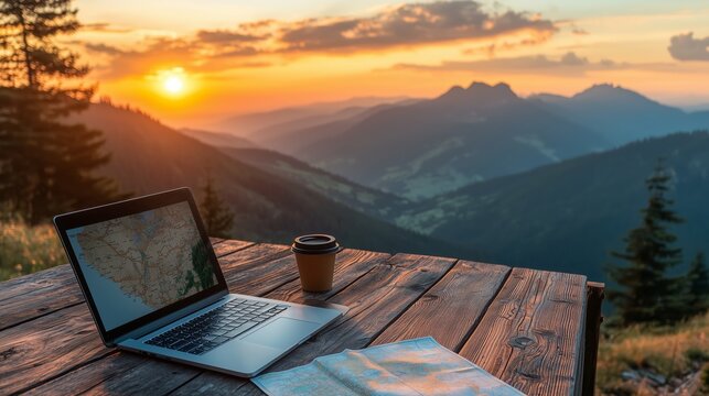 Laptop on Wooden Deck Overlooking Mountain at Sunset
