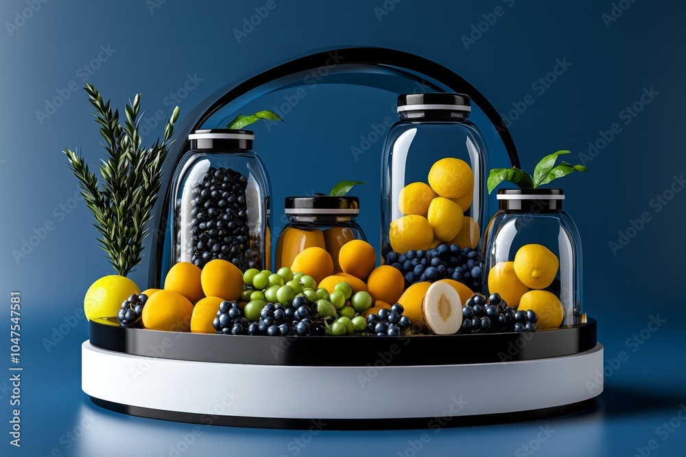 Poster Minimalist design of a market stall with simple lines and geometric shapes representing fresh produce and small goods, symbolizing the simplicity and structure of market life