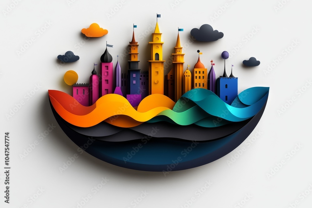 Poster minimalist design of a parade scene with simple geometric shapes representing floats, flags, and cro