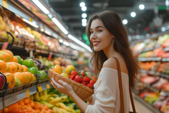 Smiling woman shopping for fresh fruits in a supermarket, filled with vibrant produce and natural light during the daytime