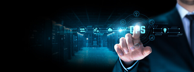 CPS (Cyber-Physical Systems): Businessman pointing icon with automation, sensors, data integration, real-time monitoring, interconnectivity, intelligent systems, control systems.