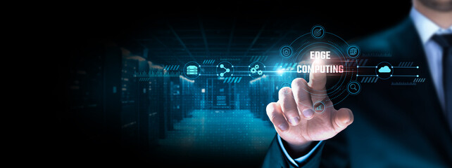 Edge Computing: Businessman pointing icon with data processing, low latency, real-time analytics,...