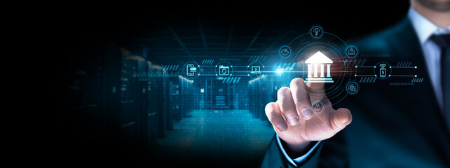 Online Banking: Businessman pointing icon with secure transactions, account management, digital payments, mobile banking, 24/7 access, user-friendly interface, financial tracking.