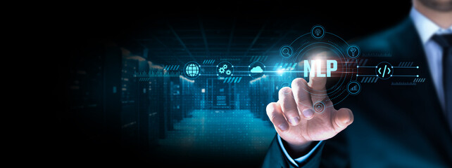 NLP: Businessman pointing icon with natural language processing, text analysis, sentiment analysis, chatbots, language understanding, data extraction, automation.