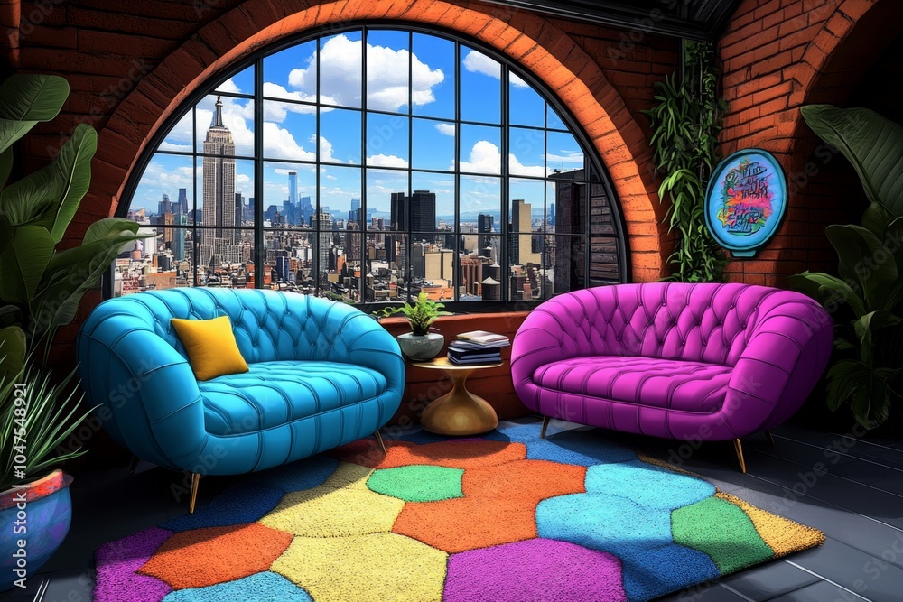 Poster pixel art of a small apartment with colorful furniture and pixelated windows overlooking a retro cit