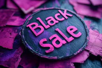 Naklejka premium Creative display of a black sale sign amidst vibrant pink paper scraps during a promotional event