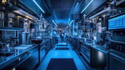 Fototapeta premium A sterile and futuristic laboratory with rows of scientific equipment and glowing blue lights.