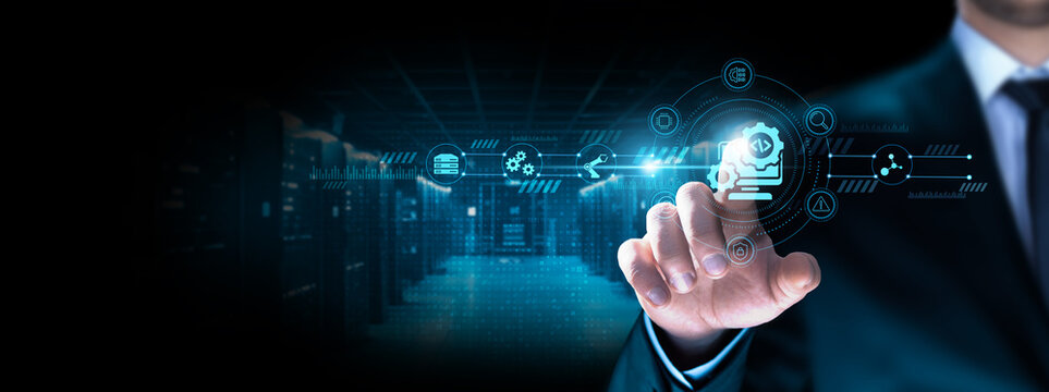 Software Development: Businessman pointing icon with coding, debugging, system architecture, version control, agile methodology, continuous integration, deployment pipelines.