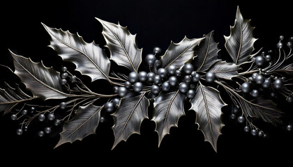 Christmas 3D holly berry branch in silver tones isolated on black background