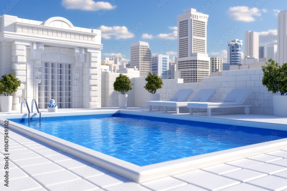 Poster simple geometric design of a luxury swimming pool on a rooftop, with minimal lines representing the 
