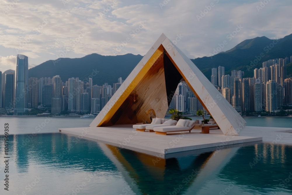 Aufkleber simple geometric design of a luxury swimming pool on a rooftop, with minimal lines representing the 