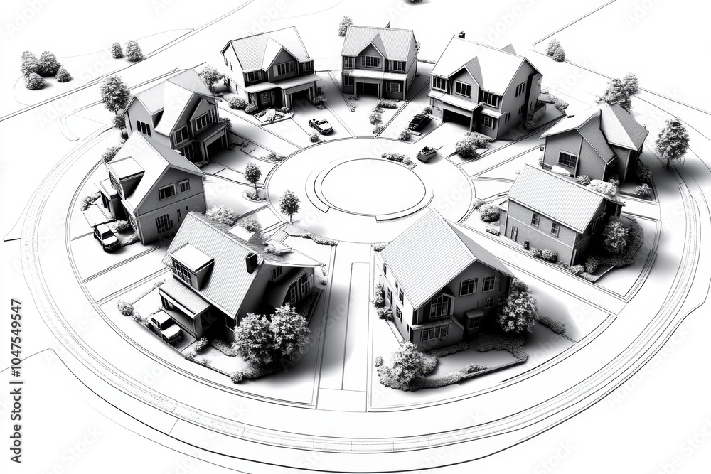 Poster simple geometric illustration of a cul-de-sac with houses forming a circle, capturing the symmetry a