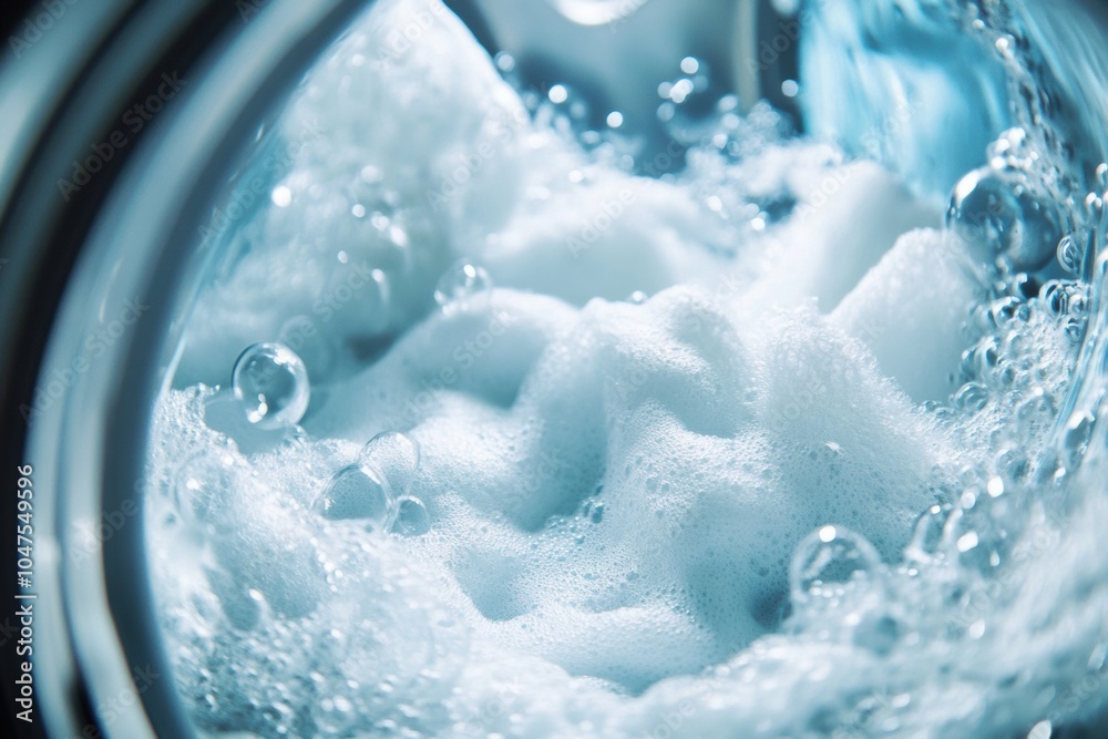 Poster a washing machine filled with fluffy white towels spins as soap suds create a bubbly foam, indicatin