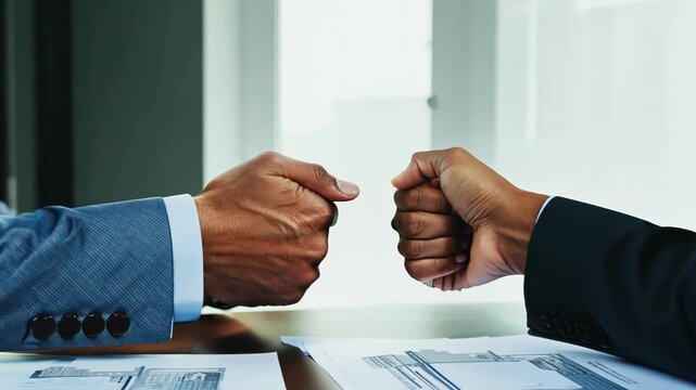 Two hands performing a fist bump, symbolizing teamwork and success. The gesture captures a moment of solidarity, unity, and achievement.