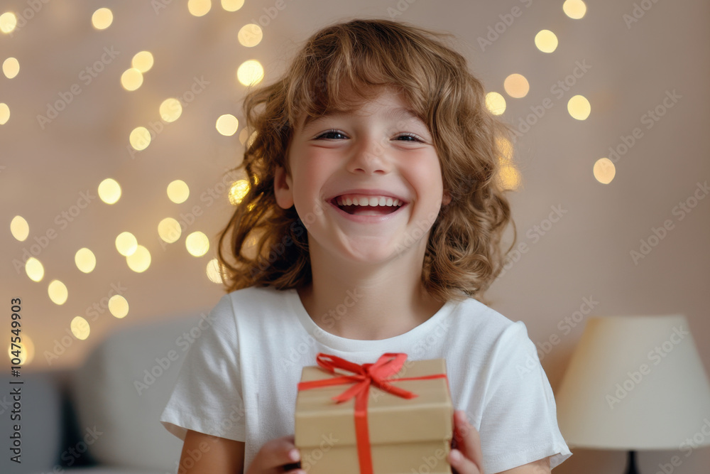 Wall mural Happy cute child holding present gift box