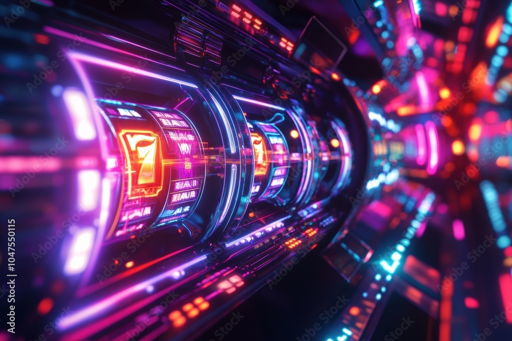 Fototapete a row of colorful slot machines features spinning reels and a glowing jackpot symbol, creating an ex
