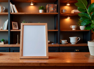 Cozy wooden shelving unit with blank frame and decorative items with copy space