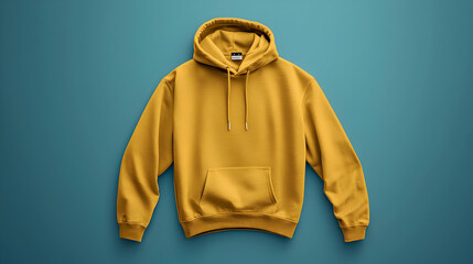 A plain yellow hoodie displayed on a blue background.