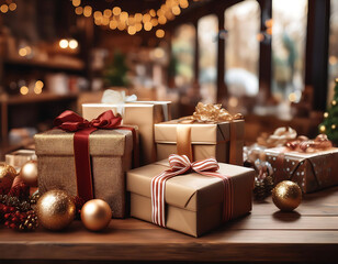 Presents on a wooden table surrounded by holiday decorations in a cozy shop with beautiful _1(511)