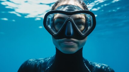 Naklejka premium A woman in a black wetsuit is underwater with her face covered by a mask