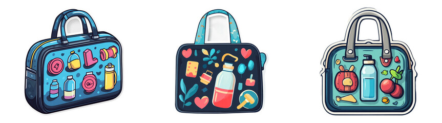 Lunchboxes with food-themed designs isolated on transparent PNG background perfect for school-related ads or kids' product promotions.