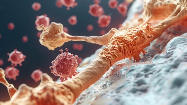 Bone cancer illustration showcasing aggressive osteosarcoma growth in the tibia, detailed visualization of tumor characteristics and surrounding bone structure.