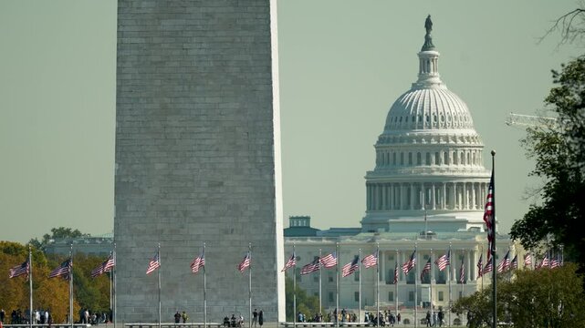 A view of the Washington Monument and the US Capitol building with American flags waving in the breeze. People are walking in the foreground.