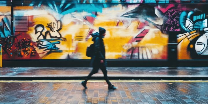 A wide shot of a graffiti wall on an urban street, with a passerby walking by. Use a mid-range lens (50mm) and fast shutter speed to freeze the action and emphasize the bold street art - Powered by Adobe
