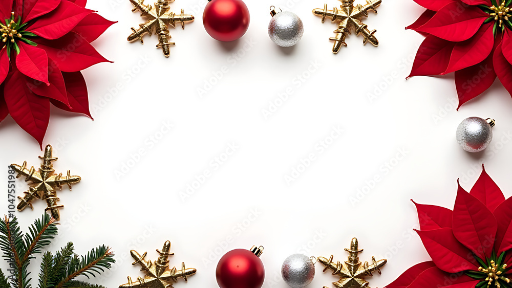 Aufkleber Poinsettia and Christmas decorations arranged around a frame on a white background with space for text in a top view flat lay setup.