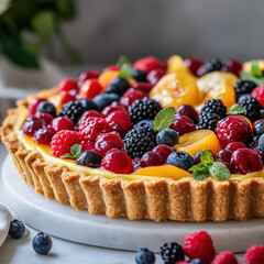 Fruit Tart with Colorful Berries and Cream Filling
