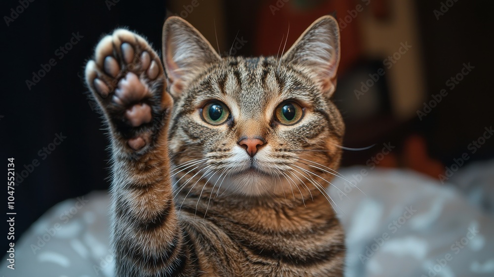 Canvas Prints A curious tabby cat raises its paw while sitting on a cozy bed in a warmly lit room during the evening