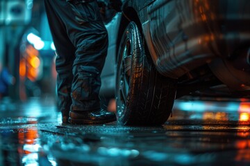 A person changes a tire on a car in the rain at night, demonstrating essential vehicle maintenance in adverse weather conditions. Generative AI