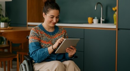 Fototapeta premium Woman in wheelchair using tablet in modern kitchen.
