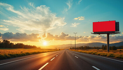 street banner mockup PSD, Dramatic Sunset Highway Billboard Against Golden Sky [with copy space]