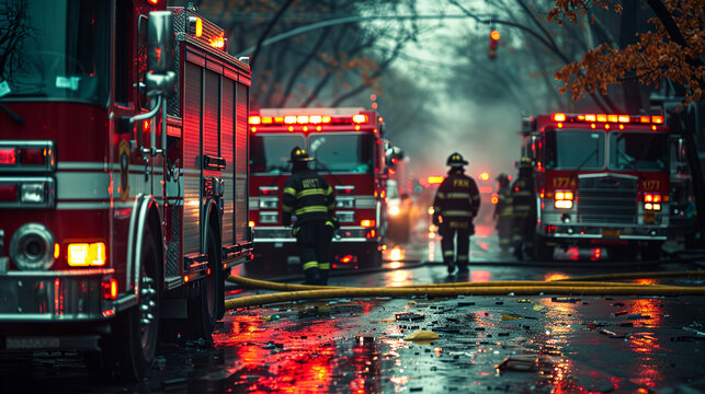 Firefighters are driving fire trucks with flashing lights and hoses on a wet street at night, responding to an emergency in a city