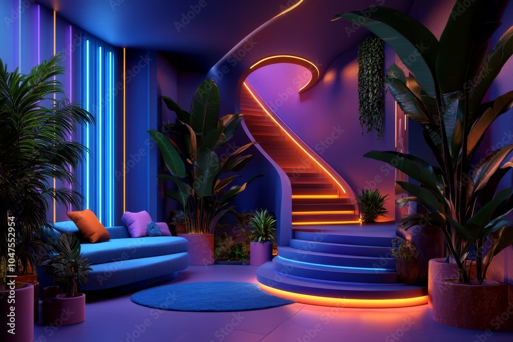 Poster 3d digital illustration of a futuristic loft apartment with dynamic lighting and colorful design ele