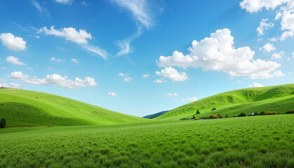 Obraz premium Landscape with grassy meadow, mountains, and blue sky with clouds